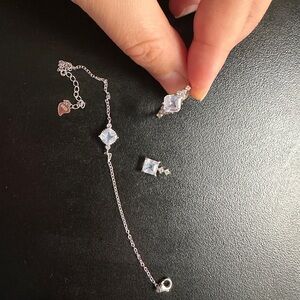 Silver Cubic Cristal Square Pendant，Bracelet and Ring Set - Silver